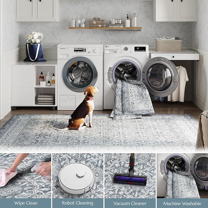 jinchan Round Rug 4ft Washable Circle Soft Rug - Low Pile Vintage 4'Round Indoor Grey Floral Print Stain Resistant Boho Carpet Ultra-Thin Non-Slip for Entryway Nursery Bedroom Dining Room Kitchen