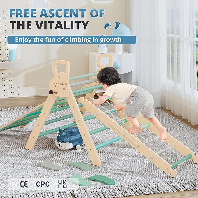 BlueWood 10-in-1 Pikler Triangle Set, Toddler Climbing Toys Indoor, Montessori Climber, Baby Jungle Gyms with Arch, Extra Rope Ladder & Footprint Balance Beam - Emerald Forest