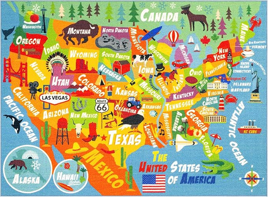 KC Cubs 3x5 USA United States Map Toy Car Road Rug – Educational Play Mat Carpet for Kids, Toddlers, Nursery, Classroom, Playroom, Baby Daycare