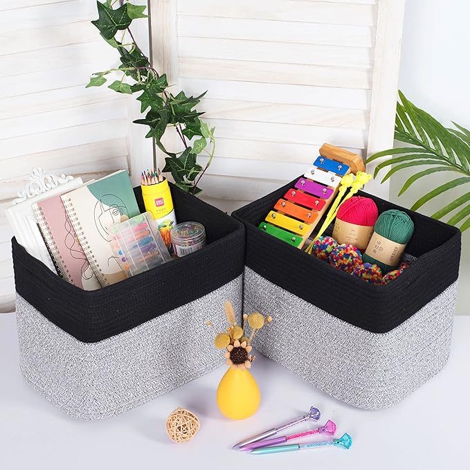 MINTWOOD Design 3-Pack Storage Baskets for Shelves, Playroom Classroom Storage Basket, Book Basket, Decorative Storage Cube Bins, Woven Closet Organizers, Pantry and Shoe Organizer, Black Light Grey