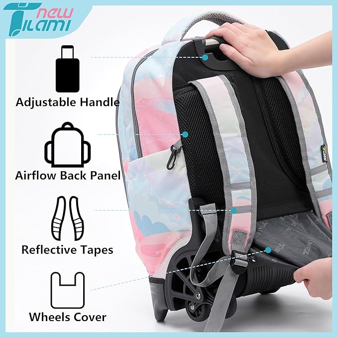NEW TILAMI 18 inch Rolling Backpack for Girls – Waterproof, Large Capacity, Stair-Climbing Design, Adjustable Handle, Great for School, Pink Sunset