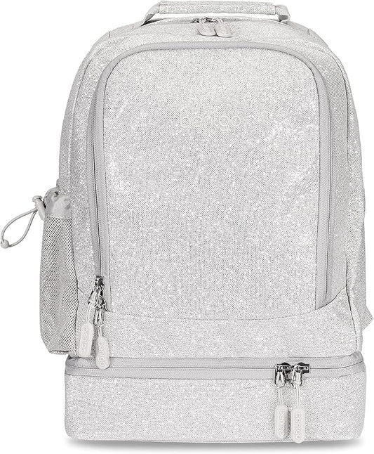Bentgo Kids 2-in-1 Backpack & Insulated Lunch Bag - Glitter Designed 16” Backpack for School & Travel -, Durable, Water Resistant, Padded, & Large Compartments (Glitter Edition - Silver)