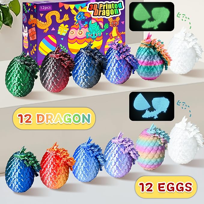 12PCS 3D Printed Dragon Eggs with Dragon Inside, Cool Stuff Fun Gifts, Mini Dragon Egg Set Articulated Crystal Dragon Fidget Toy for Adults Teens Boy Gifts Easter Basket Stuffers