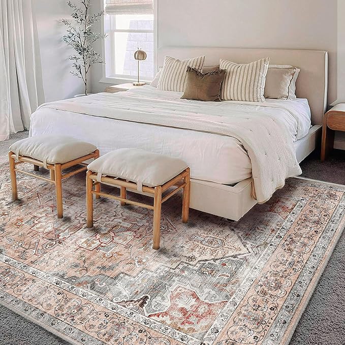 Area Rug 6'x9' Light Cyan and Light red Washable Vintage Traditional Floor Cover Thin Retro Kitchen Indoor Distressed Non Slip Carpet for Living Room Bedroom Dining Room