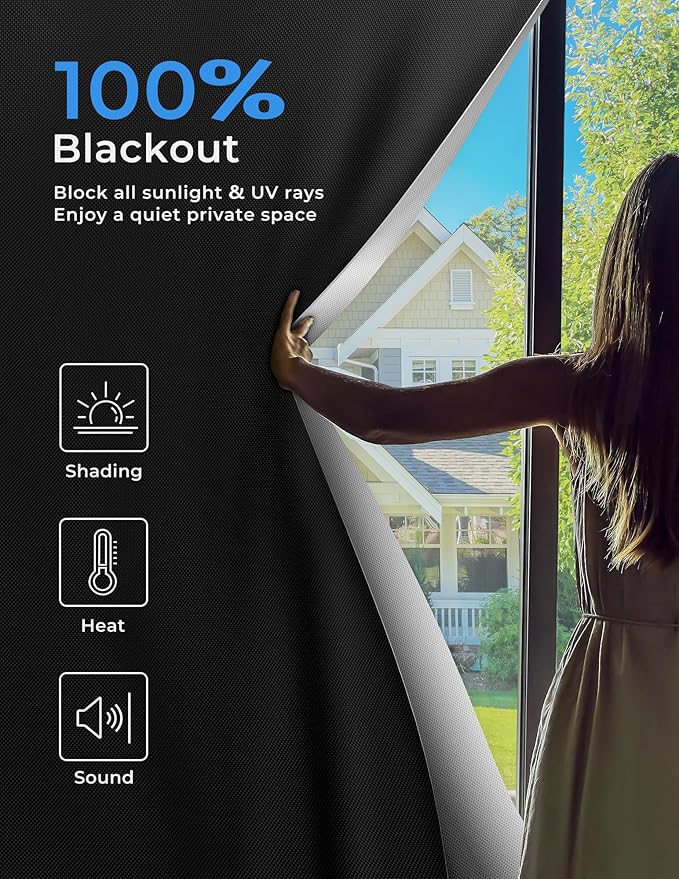 Sumobaby Blackout Curtains for Bedroom Portable 20"x75",No Drill Blackout Shades with Upgraded Hook&Loop Tapes,100% Black Out Window Cover,Thermal Insulated Blinds for Bedroom,Nursery(1 Panel,Black)