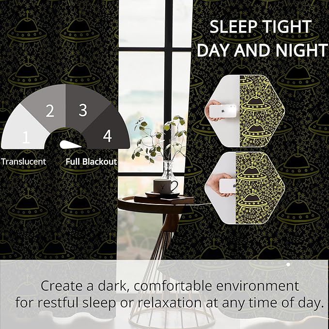 Kids Space Blackout Curtains - 100% Blackout, Thermal Insulated, Noise Reducing, UFO Design, Perfect for Kids Room and Nersury, 2 Panels (Neon UFO Night, W52×L84)