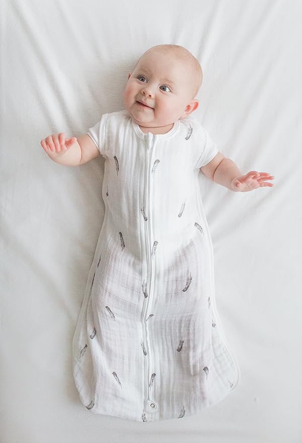 Amazing Baby Cotton Muslin Sleeping Sack, For Baby Boy or Girl, Wearable Blanket with 2-way Zipper, Little Feather, Black, Small (0-6 Month)