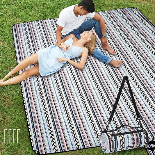 Picnic Blankets Extra Large Outdoor - Beach Blanket Waterproof Sandproof with Shoulder Strap, Machine Washable, Picnic Mat with Stakes for Grass Concert, Park.BohoGeometry