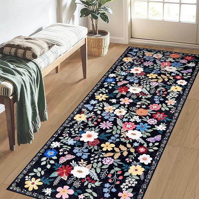 Runner Rug for Entryway: 2.6x8 Kitchen Rugs Non Slip Washable Ultra-Thin Soft Floral Carpet Indoor Floor Stain Resistant Carpets for Hallway Bedroom Kitchen Laundry Bathroom Dorm Black