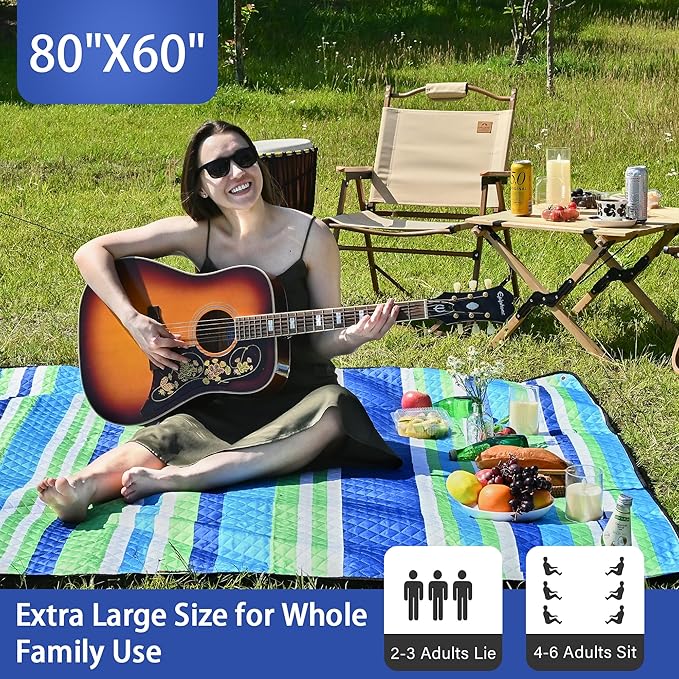 HX&OD Outdoor Picnic Blanket Extra Large, 80''*60'' Waterproof Picnic Mat with Stakes Foldable Camping Blanket Portable with Carry Strap for Beach Mat (Green& White, 80''*60'')