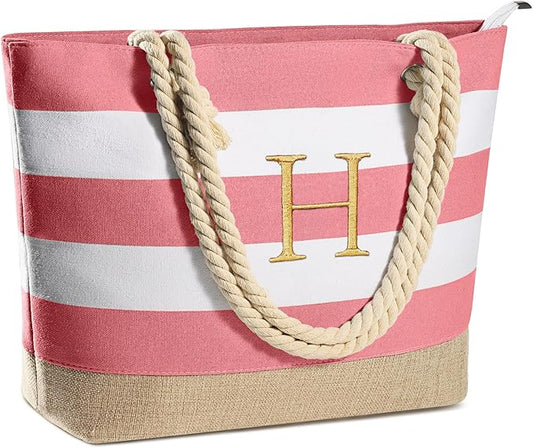 YOOLIFE Initial Canvas Waterproof Beach Tote Bag Zipper Personalized Gifts for Women Her Birthday Travel Beach Essential