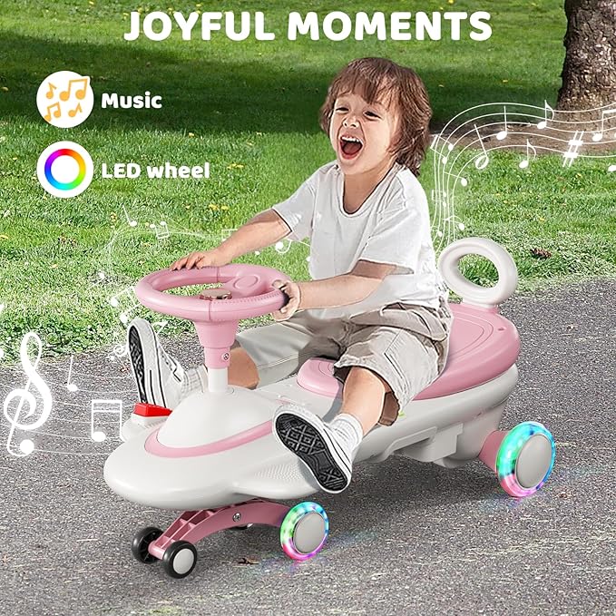 Kids Electric Ride On Car 12V - Electric Wiggle Car with Rechargeable Battery, LED Lights & Music,Anti-Rollover for Boys Girls Ages 3-8, Indoor/Outdoor Toy Vehicle up to 150 lbs