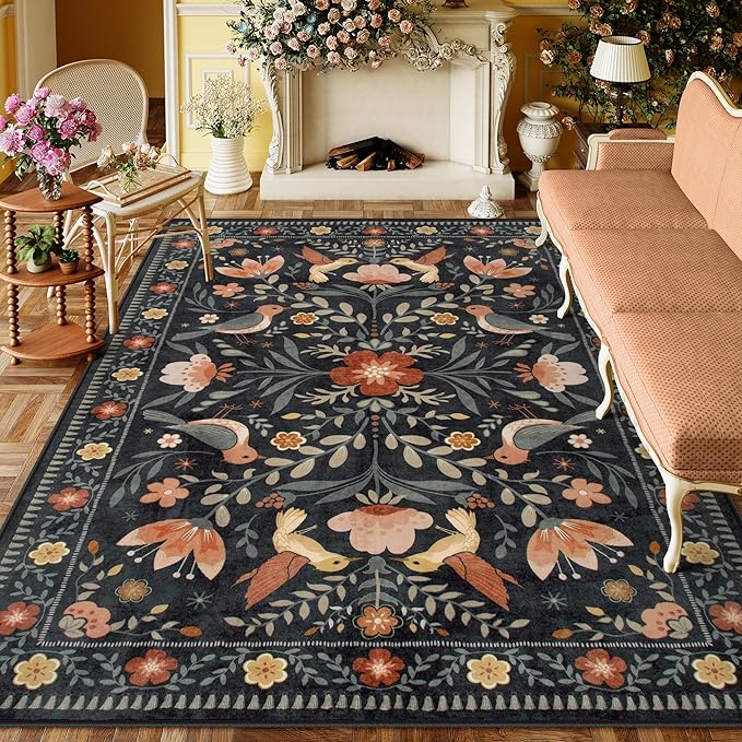 Moynesa Boho Birds 8x10 Area Rugs for Living Room, Black Floral Bedroom Rug Washable Low-Pile Playroom Rug, Vintage Soft Jungle Pattern Indoor Floor Carpet for Nursery Dining Room