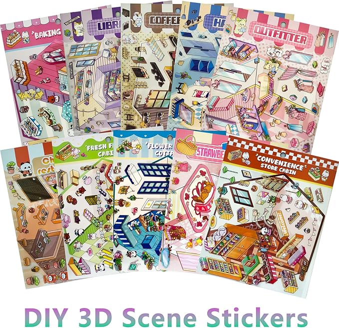 DIY 3D Sticker Scene，10 Sets Pack（600+） Large-Sized, Reusable Sticker Book, Cute Sets for Free Combination, Waterproof for Anywhere, Crafts Party Favors Birthday Gift