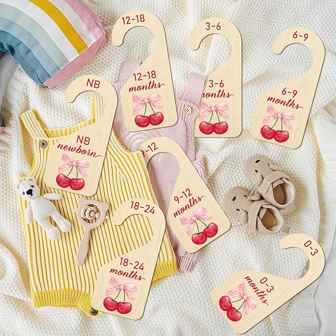 R HORSE Wooden Baby Closet Dividers - 8Pcs Double-Sided Cherry Pink Bow Baby Closet Organizer Newborn Clothes Size Hanger Dividers Nursery Decor Baby Shower Birthday Gift for Boy Girl (0-24 Months)