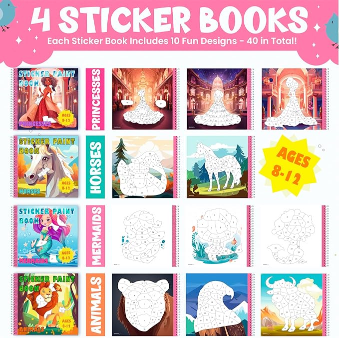 BulbaCraft 4Pcs Sticker Paint Books for Girls - Sticker Books by Number with Mermaids, Princesses, Animals and Horses - Coloring Activity for Kids