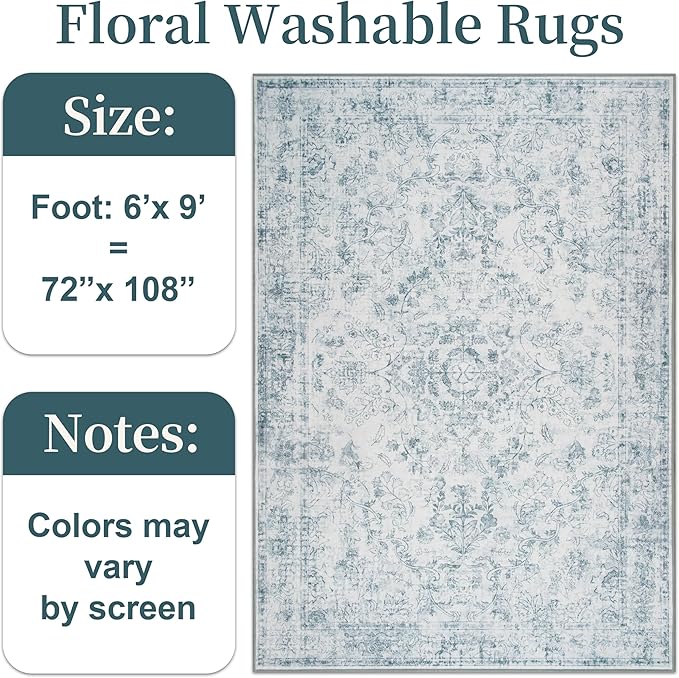 Light Blue 6x9 Area Rug Machine Washable for Living Room, Distressed Non Slip Rugs for Bedroom, Traditional Indoor Retro Floral Accent Vintage Carpet for Office Dining Room, Dorm
