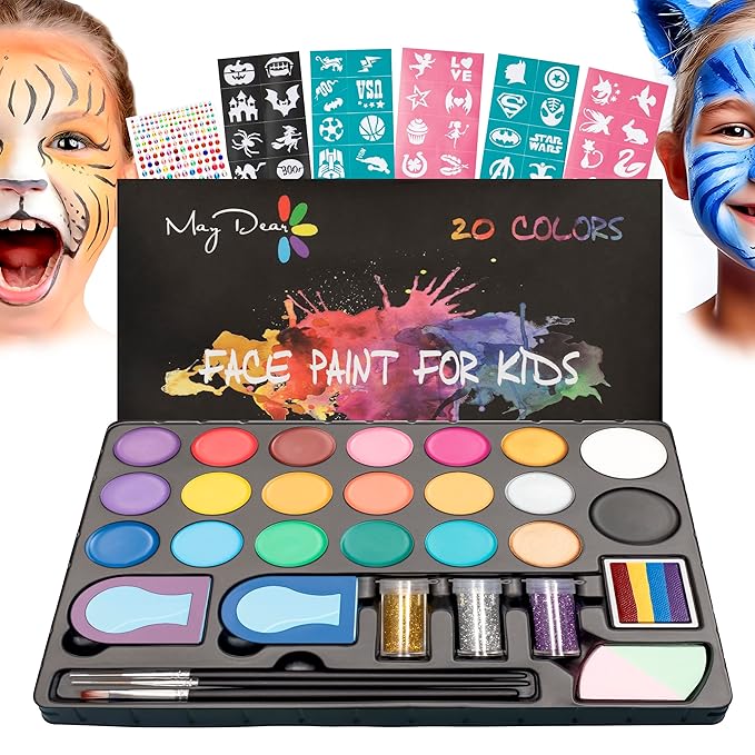 Maydear Face Painting Kit for Kids - 20 Colors Water Based Makeup Palette with Stencils, Glitters, Rainbow Split Cake, Hair Dye Clips, for Parties, Halloween, Safe Professional Body & Face Paint Kit