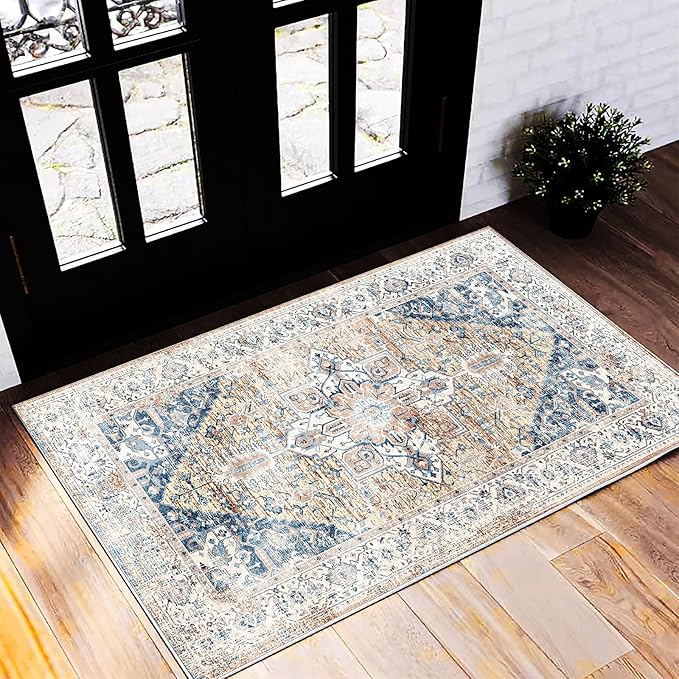 Area Rug 2x3 Washable Rug Door Mat Vintage Distressed Rug Doormat Indoor Entrance Traditional Thin Floral Print Non Slip Carpet for Kitchen Bathroom Bedroom Living Room