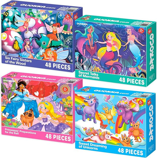 QUOKKA Puzzles for Toddlers 3-5 – 4 x 48 Pieces Puzzles for Kids Ages 3-4 – 12 Toy Learning Vert Girls for 4-6 – Jigsaw Game for Boy and Girl 3-5-7 Year Old