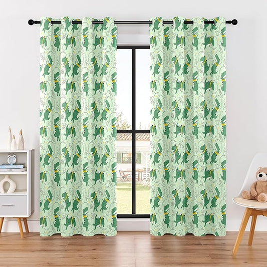Kids Space Dino Blackout Curtains - 100% Blackout, Thermal Insulated, Noise Reducing, Perfect for Kids Room and Nursery, 2 Panels (Cosmo Dino Green, W52×L84)