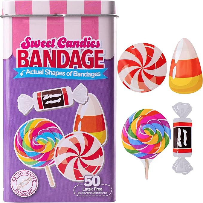 BioSwiss Bandages, Sweet Candies Shaped Self Adhesive Bandage, Latex Free Sterile Wound Care, Fun First Aid Kit Supplies for Kids and Adults, 50 Count