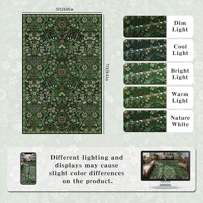 5×7 Dark Green Washable Floral Area Rug,Vintage Boho Soft Low-Pile Living Room Rugs, Stain Resistant Botanical Non-Slip Carpet for Bedroom,Dining Room, Kids Nursery,Home Decor