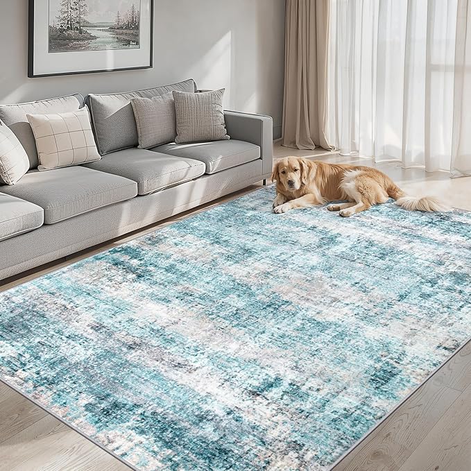 Area Rugs Living Room Rug - 5x7 Washable Modern Abstract Soft Neutral Non-Slip Carpet Large Indoor Floor Thin Carpets for Bedroom Dining Room Farmhouse Nursery Home Office Green