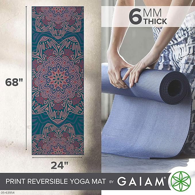 Gaiam Yoga Mat - Premium 6mm Print Reversible Extra Thick Non Slip Exercise & Fitness Mat for All Types of Yoga, Pilates & Floor Workouts (68" x 24" x 6mm Thick)