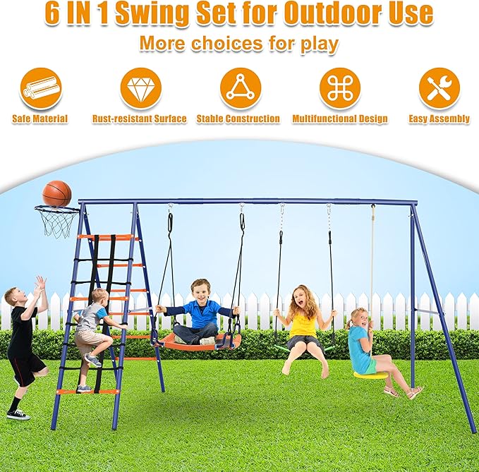 Swing Set for Backyard 550lbs - 6 in 1 Playground Sets for Backyards Safe Platform Swing for Kids Outdoor Heavy Duty Metal Frame with 3 Adjustable Swings Climbing Net Climbing Ladder Basketball Hoop