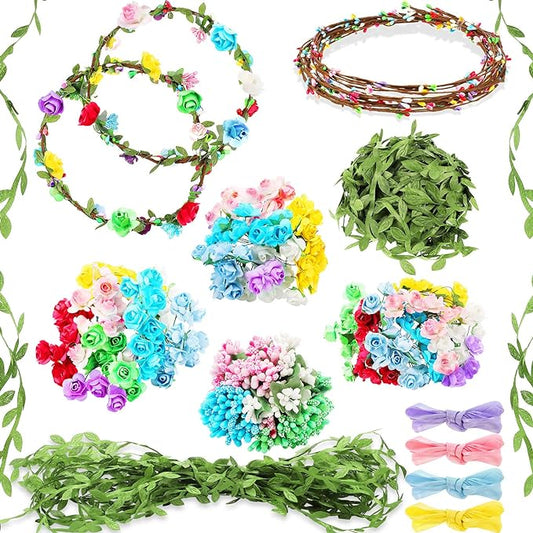 Syhood 20 Sets Flower Crowns Making Kit, Make Your Own Flower Crown Wreath Headbands and Bracelets Craft Kit Hair Accessories Handmade DIY Floral Garland Presents for Girls