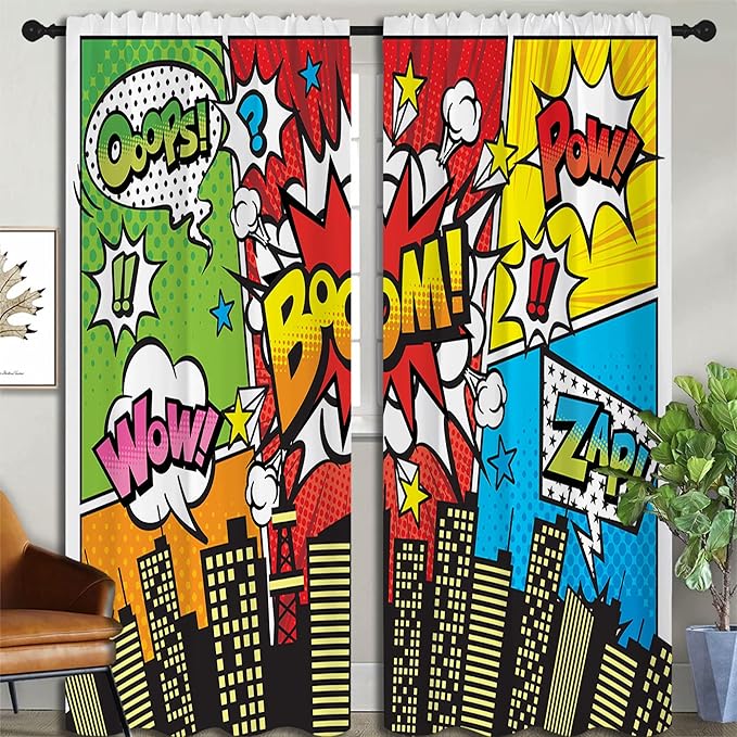 Superhero City Wars Explosion Rod Pocket Blackout Curtains for Boy Girl Bedroom, Colorful Comics Ar Home Energy Efficient Light Filtering Window Curtain for Living Room, 84x84 inch