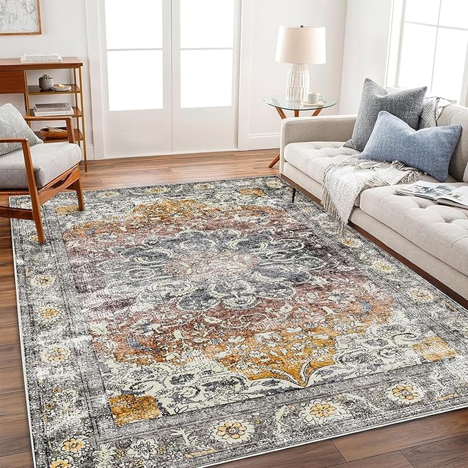 Area Rug 6x9 Washable Rug Brown Grey Vintage Traditional Distressed Thin Retro Kitchen Indoor Floor Cover Non Slip Carpet Floral Print Mat Living Room Bedroom Dining Room