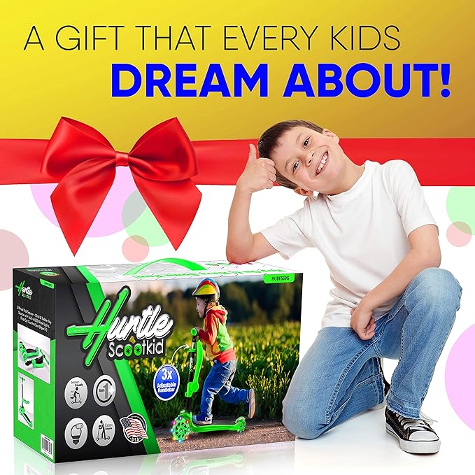 Hurtle 3-Wheeled Scooter for Kids - Wheel LED Lights, Adjustable Lean-to-Steer Handlebar, and Foldable Seat - Sit or Stand Ride with Brake for Boys and Girls Ages 1-14 Years Old