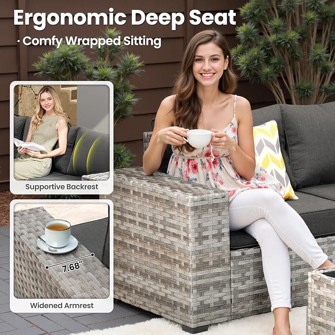 ovios 6 Pieces Patio Furniture Set, Outdoor Wicker Sectional Sofa - Image 5
