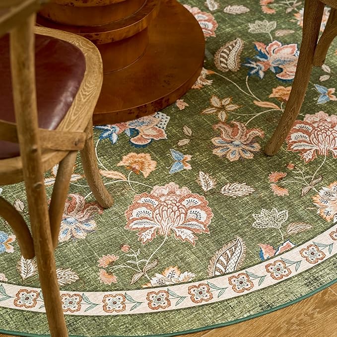 jinchan 7ft Floral Round Rug for Dining Room Washable Living Room Rug Vintage Romance Design Non Slip Indoor Floor Cover Lightweight Low-Profile Throw Carpet for Bedroom Porch Patio, Green