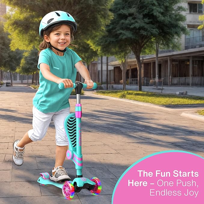 Candy 3 Wheel Scooter with Seat for Kids – Light-Up LED Wheels, Adjustable Handlebar and Seat, Smooth PU Wheels, Wide Anti-Slip Deck, Rear Foot Brake – Toddler Outdoor Toys for Ages 2+