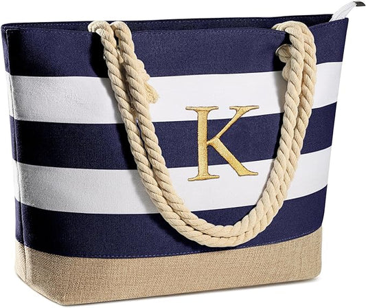YOOLIFE Initial Canvas Waterproof Beach Tote Bag Zipper Personalized Gifts for Women Her Birthday Travel Beach Essential