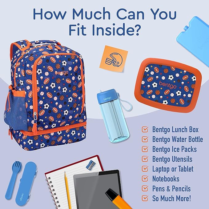 Bentgo Kids 2-in-1 Backpack & Insulated Lunch Bag - Durable 16” Backpack & Lunch Container in Unique Prints for School & Travel - Water Resistant, Padded & Large Compartments (Sports)