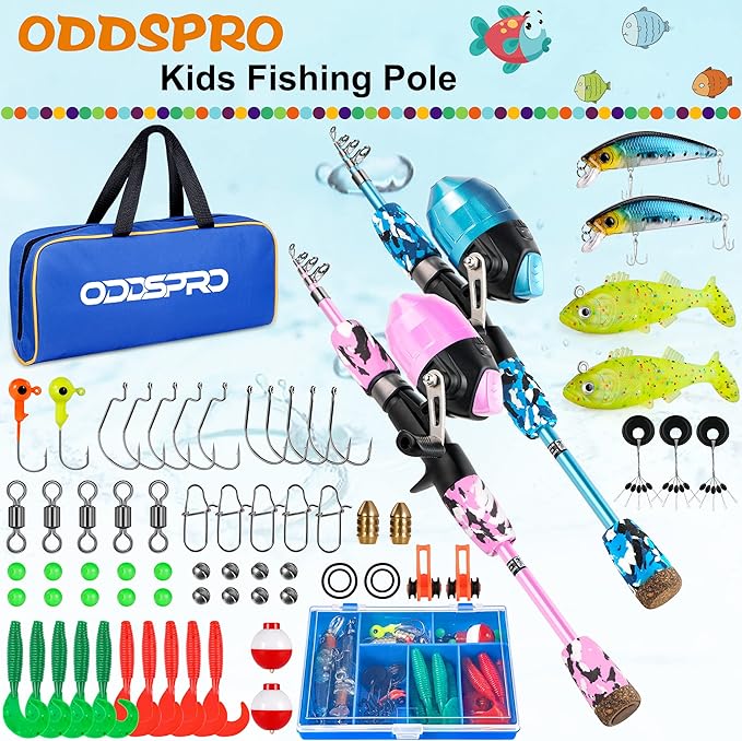 ODDSPRO Kids Fishing Pole Pink, Portable Telescopic Fishing Rod and Reel Combo Kit - with Spincast Fishing Reel Tackle Box for Girls, Youth