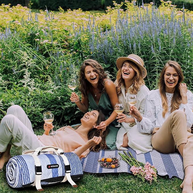 Waterproof Picnic Mat, Outdoor Camping Oversized Field Blanket. Portable Thickened Camping Blanket, Suitable for Beach, Camping, Music Festival, Party, Outdoor Adventure. (Blue & White, 80”x60”)