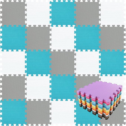 qqpp EVA Rubber 18 Tiles Interlocking Puzzle Foam Floor Mats - Baby Play Mat for Playing | Exercise Mat for Home Workout. White, Gray, Dark Green. QC-ALPb18N