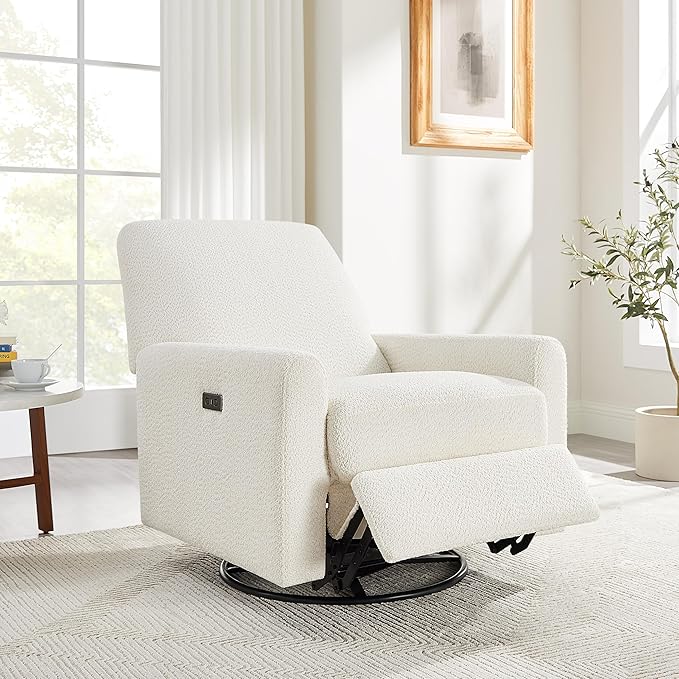 Power Swivel Glider Recliner Chair, Electric Nursery Rocker Recliner Chair, USB & Type-C Charger, Boucle White
