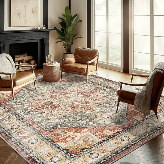 Washable Area Rug 10'x14' Red Khaki Retro Flowers Boho Design Non-Shedding Easy Care Ideal for High Traffic Areas in Living Room Bedroom Office Coffee Table Kitchen Large Carpet