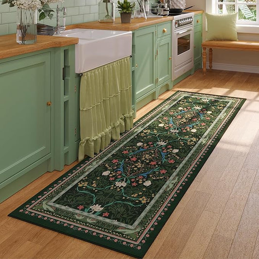 Runner Rug for Kitchen Rug Non Slip 2'x6' Washable Rugs with Rubber Backing Soft Vintage Floral Botanical Carpet Runner for Kitchen, Laundry, Bedroom, Bathroom, Green