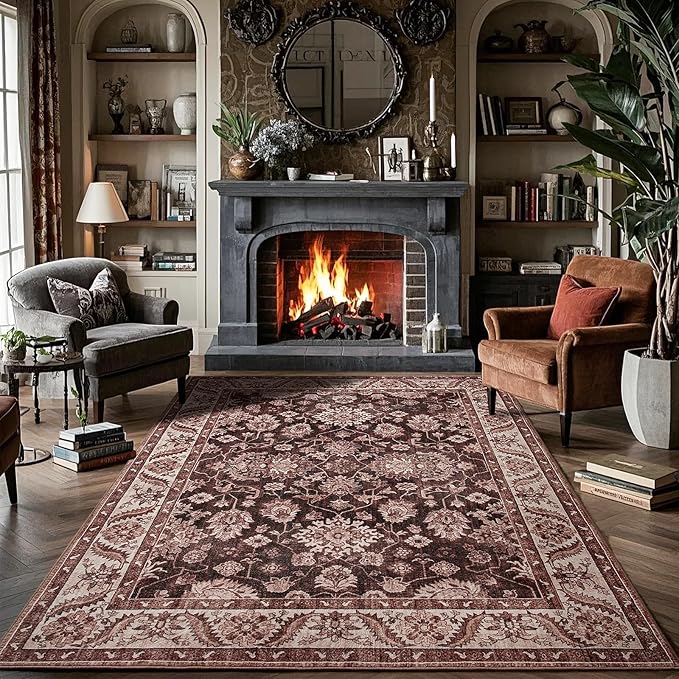 Area Rugs for Living Room, 6x9 Washable Area Rug for Bedroom, Retro Floral by Rtizon