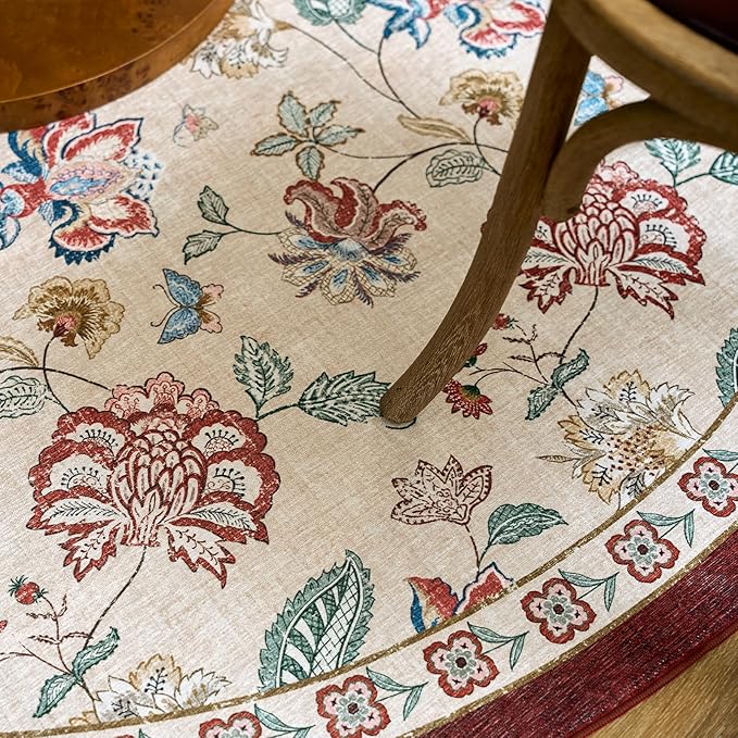 jinchan Floral Corner Rug for Living Room Washable Bedroom Rug Vintage Romance Design Non Slip Quarter Circle Lightweight Low-Pile Throw Carpet for Reading Nook Playroom,6ft Radius, Red/Beige