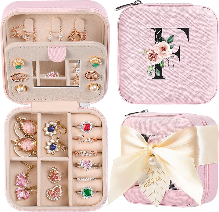 AYGXU Travel Jewelry Box for Women and Girls - Small Case With Initial A-Z - Teacher Gifts