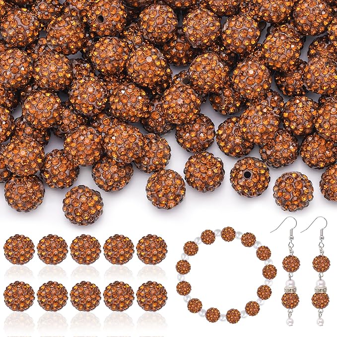 160pcs 10mm Rhinestone Beads for Jewelry Making, Brown Shiny Round Disco Ball Beads Bulk, Sparkle Crystal Clay Christmas for Bracelet Baseball Necklace Earring Crafting and DIY