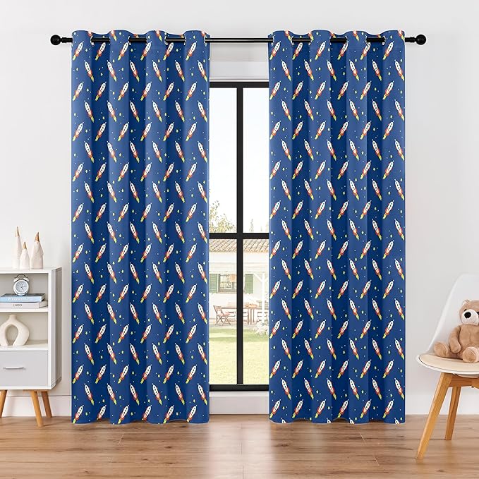 Kids Space Rocket Blackout Curtains - 100% Blackout, Thermal Insulated, Noise Reducing, Perfect for Kids Room and Nursery, 2 Panels (Rocket Blast-Off Repeat, W52×L84)